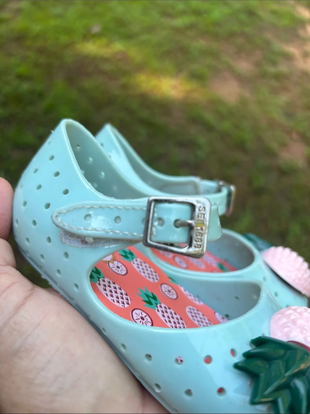 Mini Seed Mint Jelly Mary Janes with Pink Pineapple Appliqués
